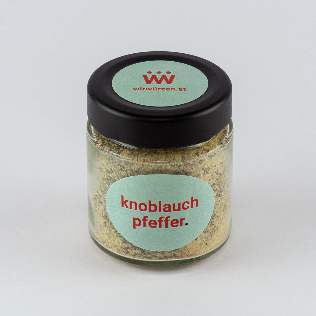 Knoblauch Pfeffer 80 g Glas – aromatische Mischung aus Pfeffer und Knoblauch für Fleisch, Gemüse und Marinaden