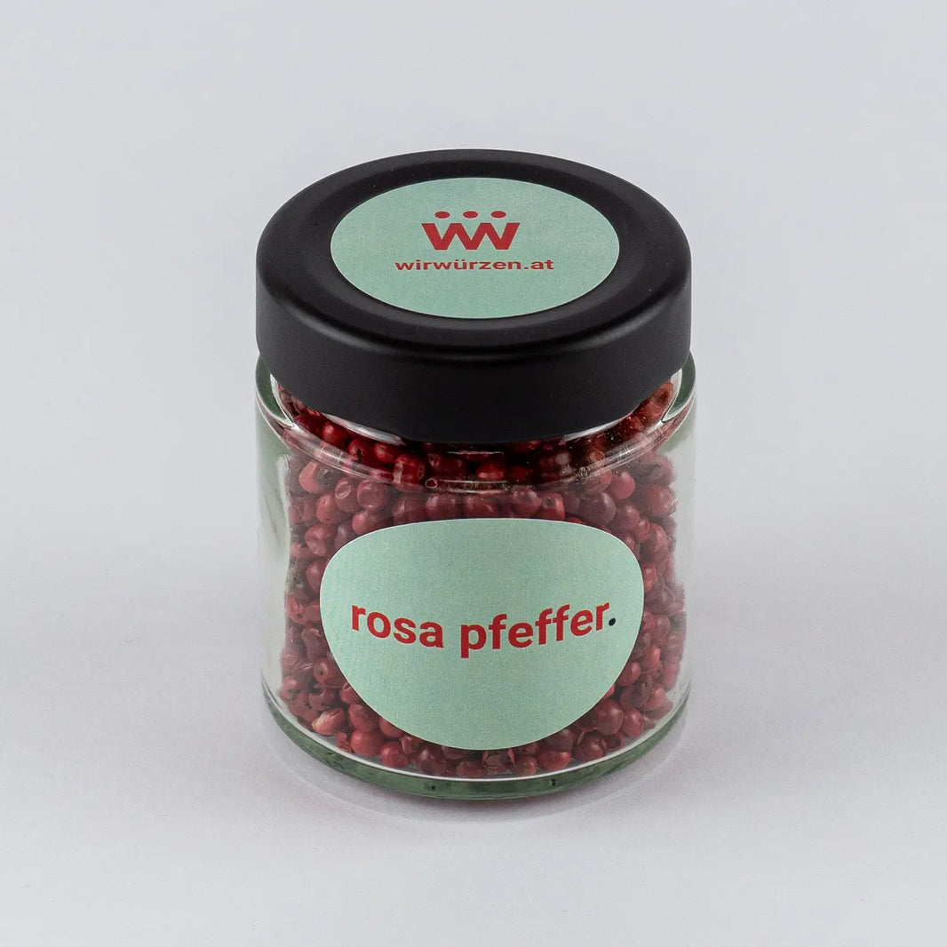 Rosa Pfeffer 40 g Glas – aromatische, leicht fruchtige Pfefferkörner für Fleisch, Fisch, Salate und Dressings