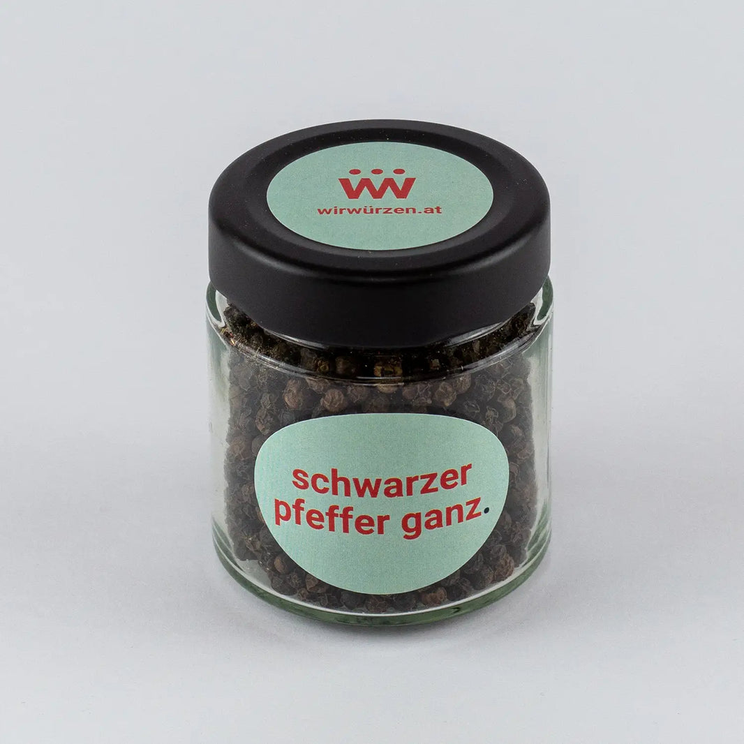 Schwarzer Pfeffer ganz 70 g Glas – aromatische Pfefferkörner für Fleisch, Saucen, Gemüse und Grillgerichte
