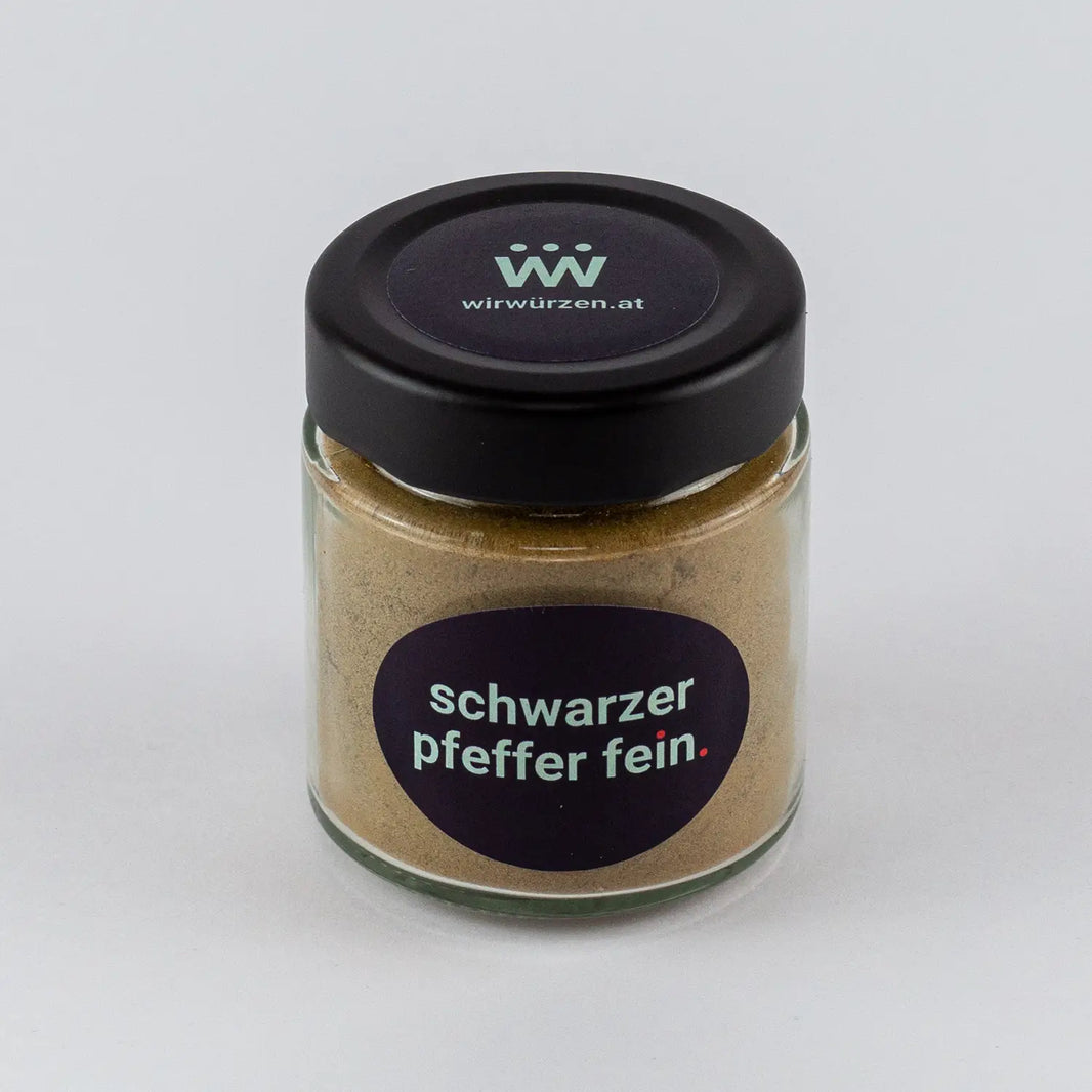 Schwarzer Pfeffer fein 60 g Glas – aromatische, milde Pfefferkörner für Fleisch, Saucen, Gemüse und Grillgerichte