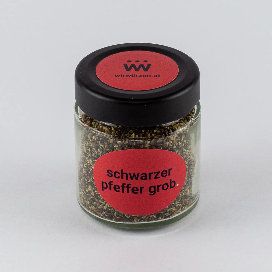 Schwarzer Pfeffer geschrotet 70 g Glas – aromatische Pfefferkörner für Fleisch, Saucen, Gemüse und Grillgerichte