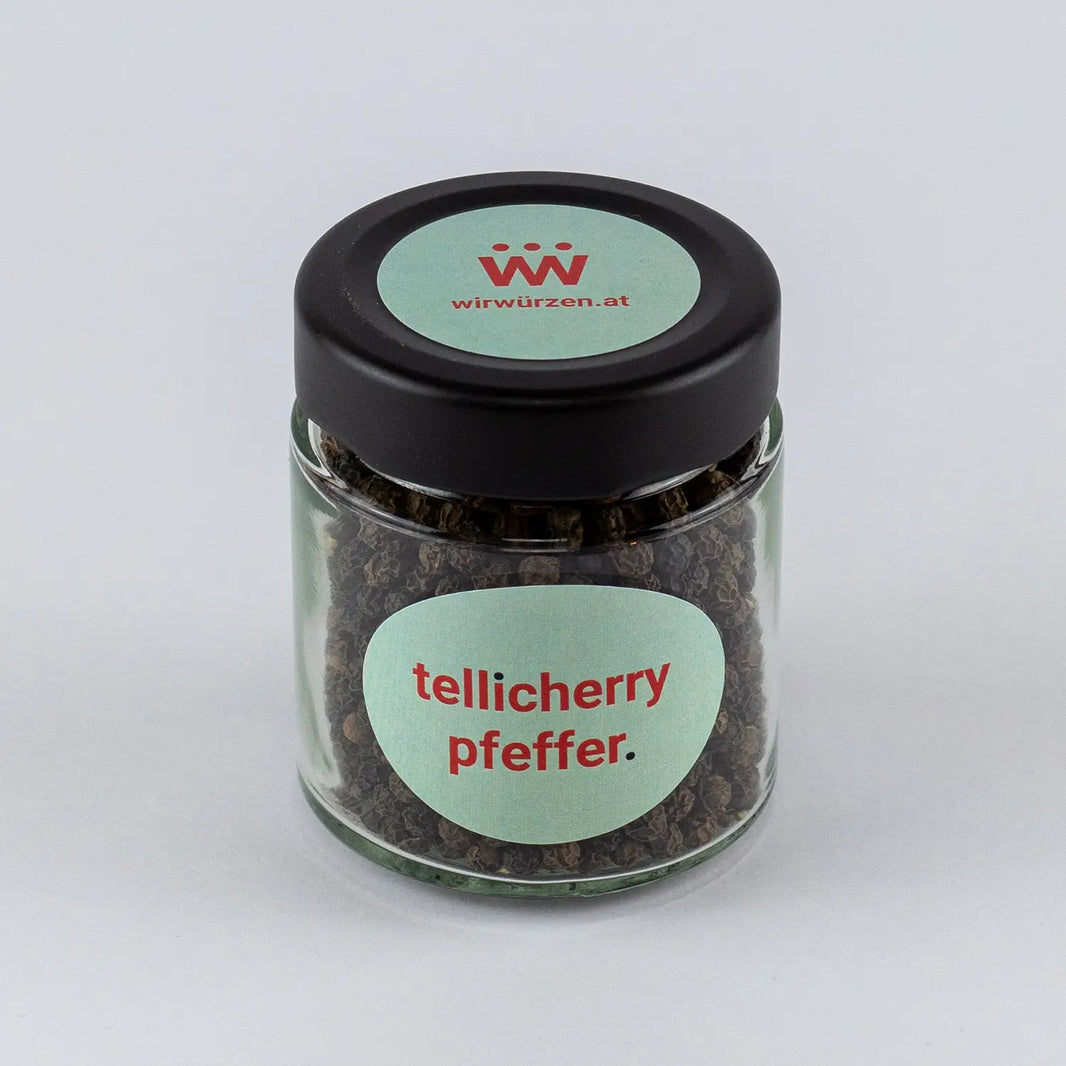 Tellicherry Pfeffer 60 g Glas – aromatischer schwarzer Pfeffer für Fleisch, Gemüsegerichte und Gewürzmischungen